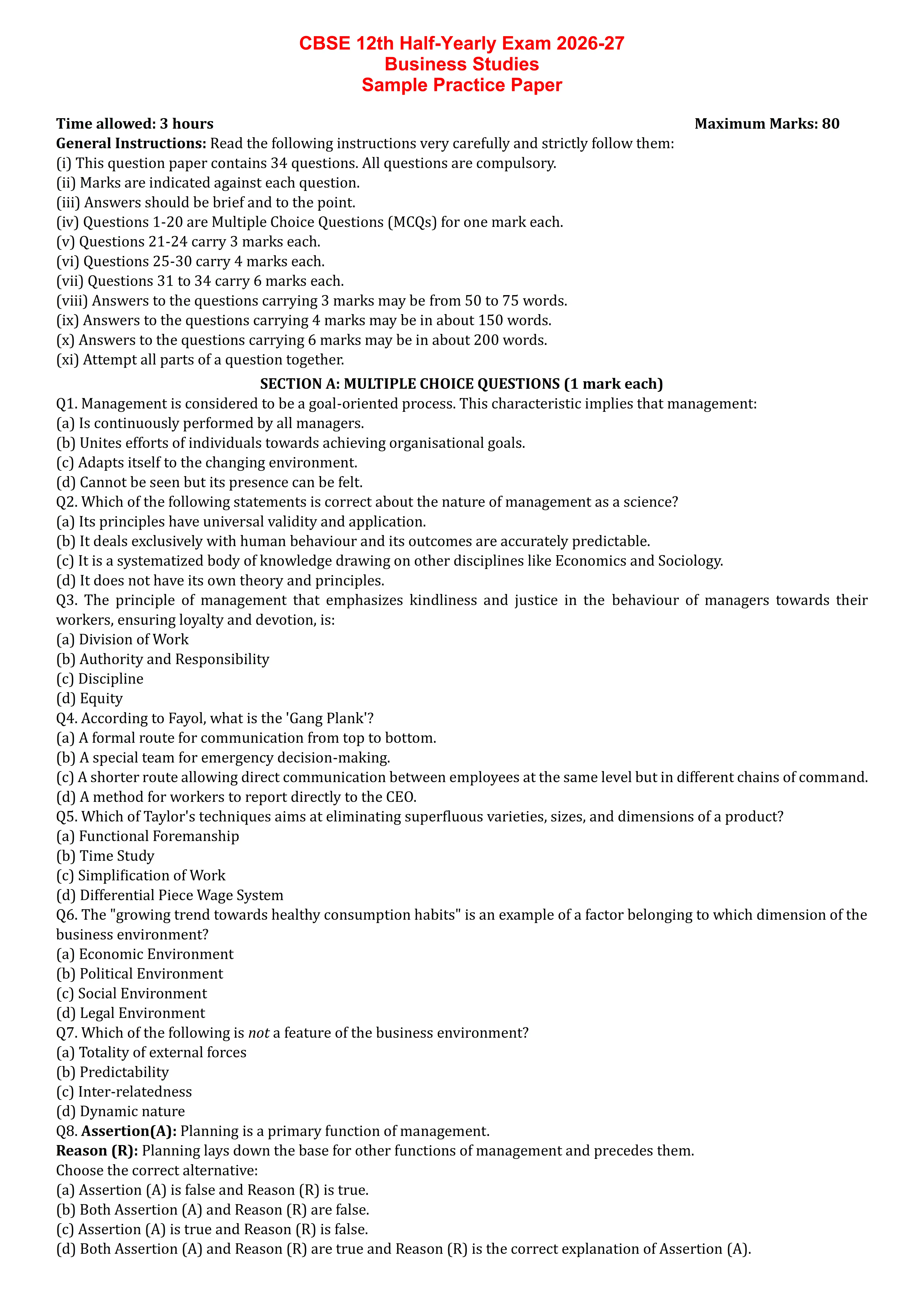 CBSE 12th Business Studies Sample Practice Paper
