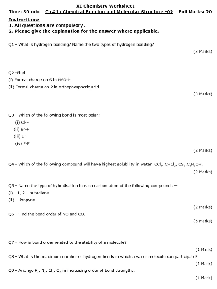 Chemistry worksheets for Class 11