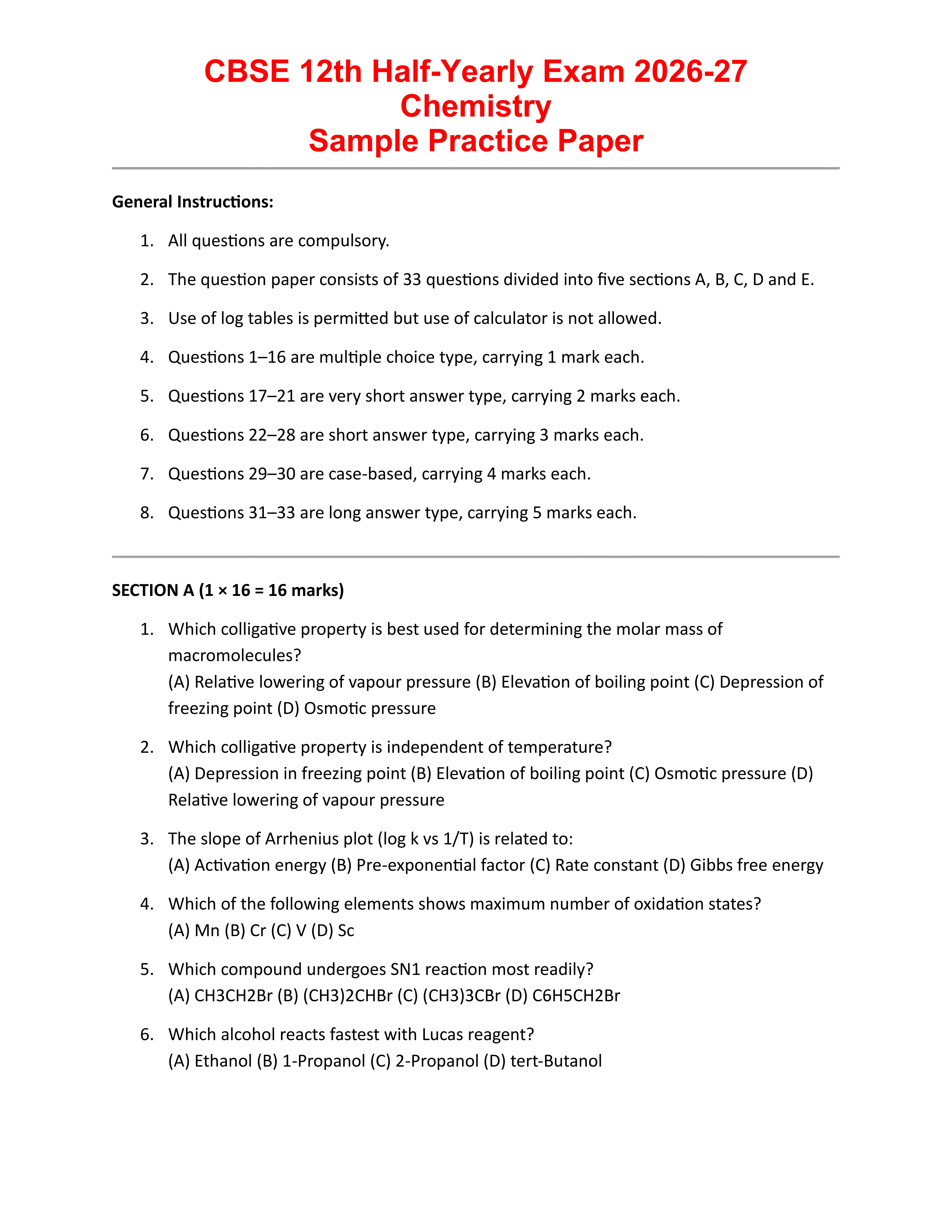 CBSE 12th Chemistry Sample Practice Paper