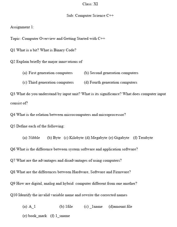 CBSE Class 11 Computer Science worksheets 2027