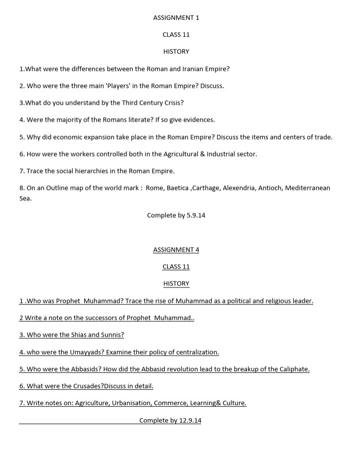 History worksheets for Class 11