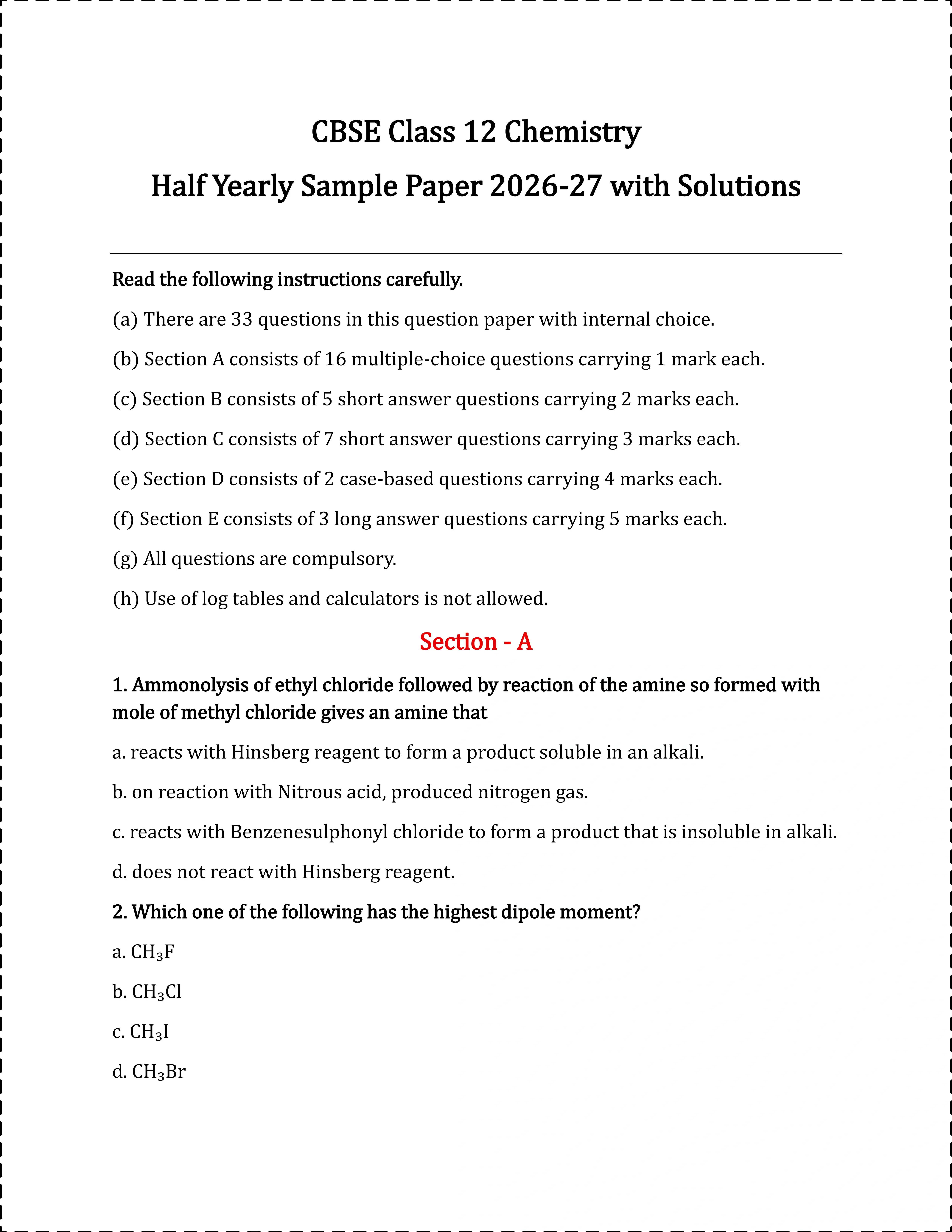 CBSE 12 Chemistry Half Yearly Sample Paper