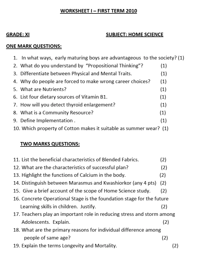 CBSE Class 11 Home Science worksheets 2027