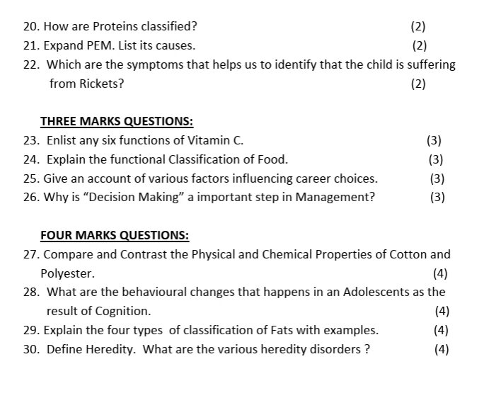Home Science worksheets for Class 11