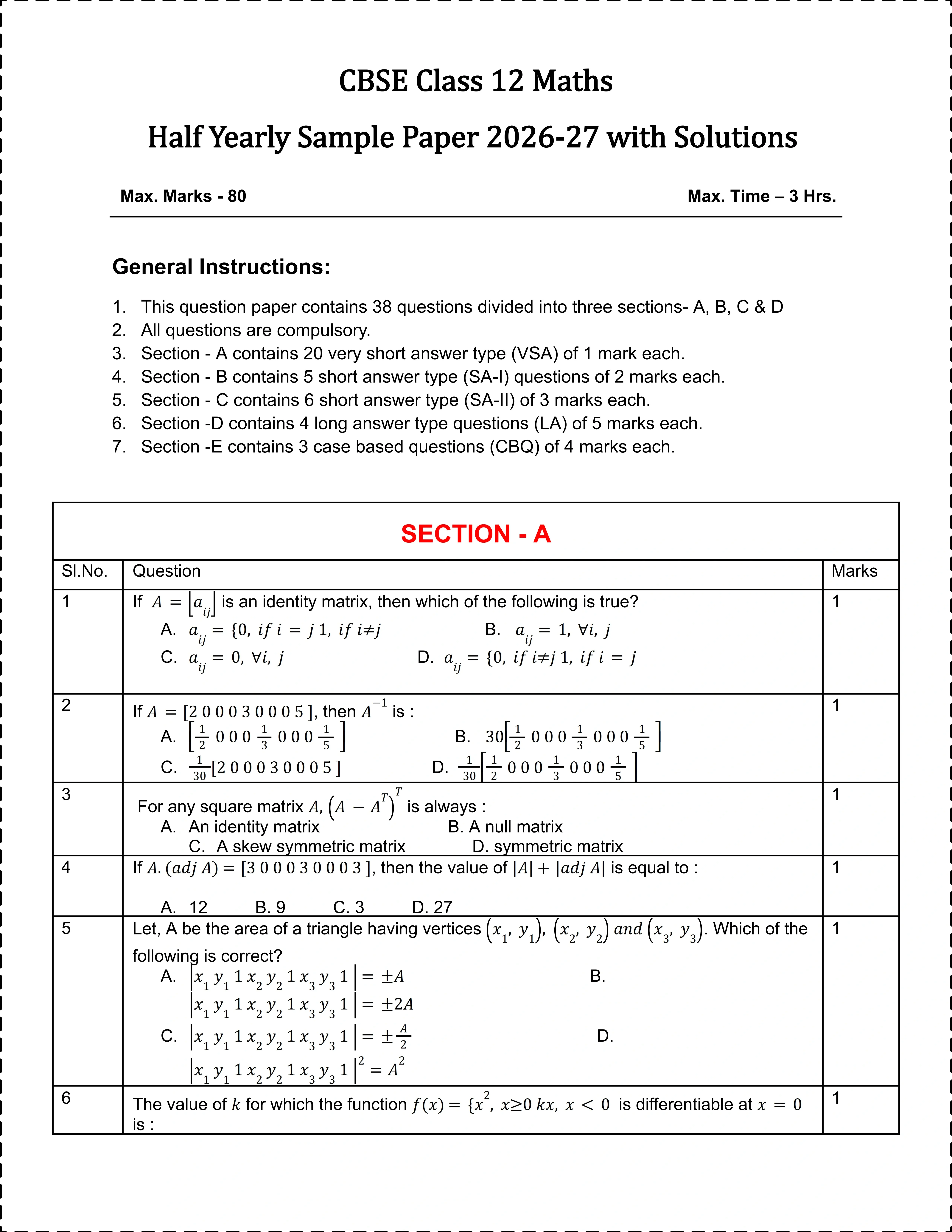 CBSE 12 Maths Half Yearly Sample Paper