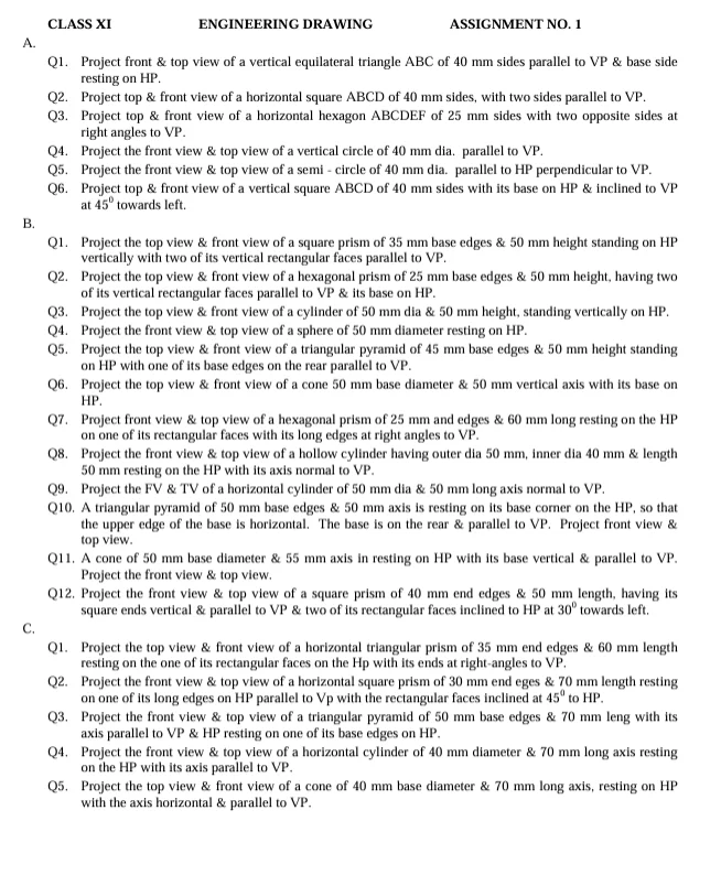 CBSE Class 11 Engineering Drawing worksheets 2027