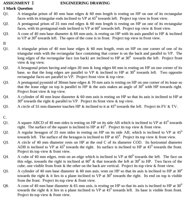 Engineering Drawing worksheets for Class 11