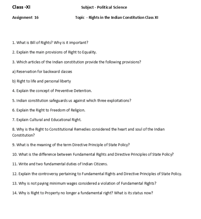 Political Science worksheets for Class 11