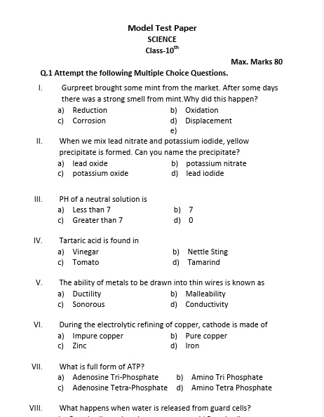 Punjab State Board online study material – Class 10 Science model test paper with multiple-choice questions on oxidation, precipitation reactions