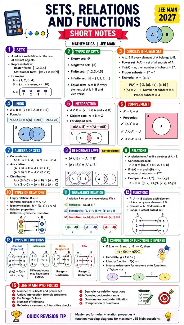 Mathematics Sets, Relations and Functions one page notes for JEE Main