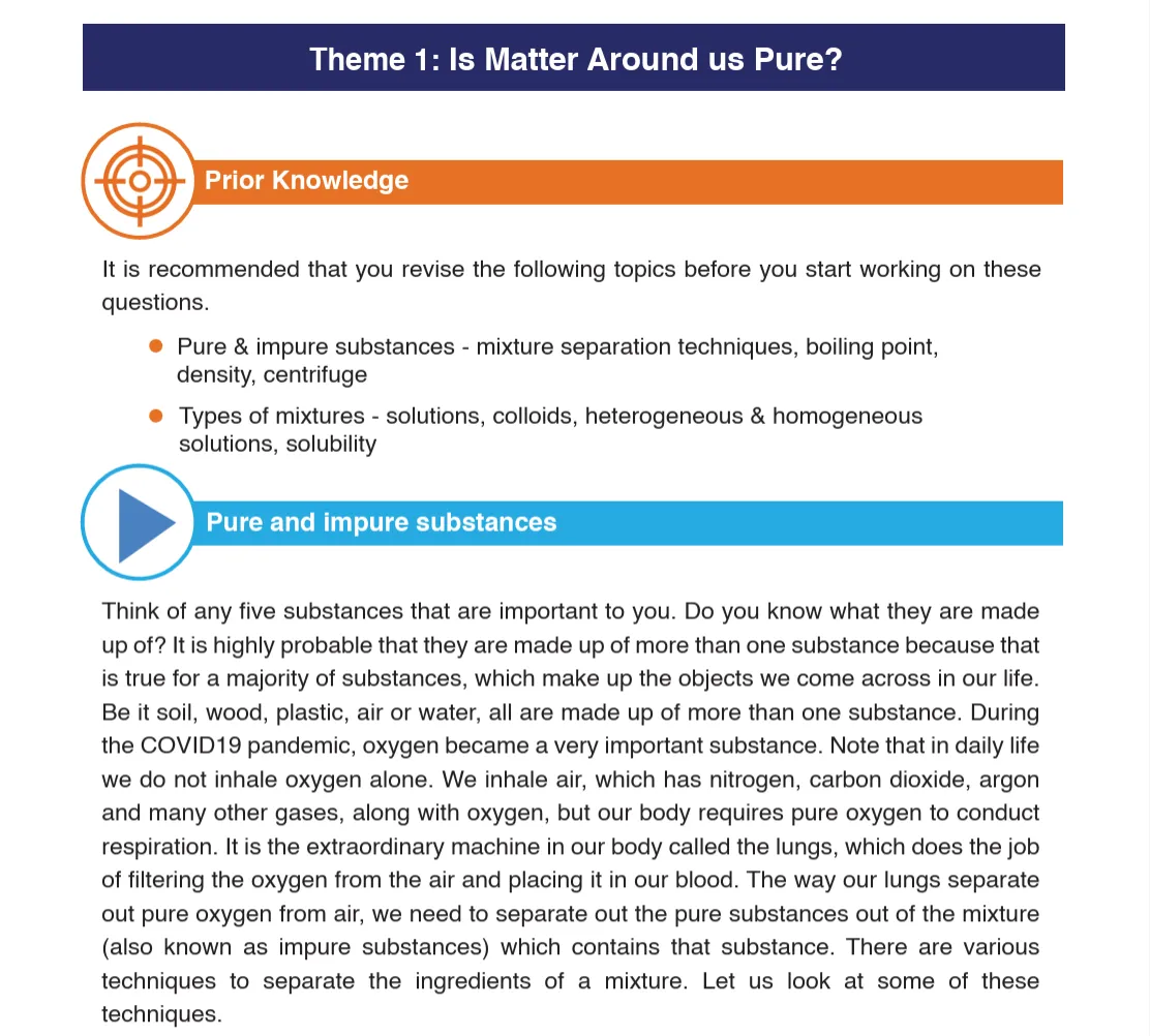 CBSE NCERT Science textbook covering pure and impure substances, mixtures, solutions, colloids, and separation techniques.