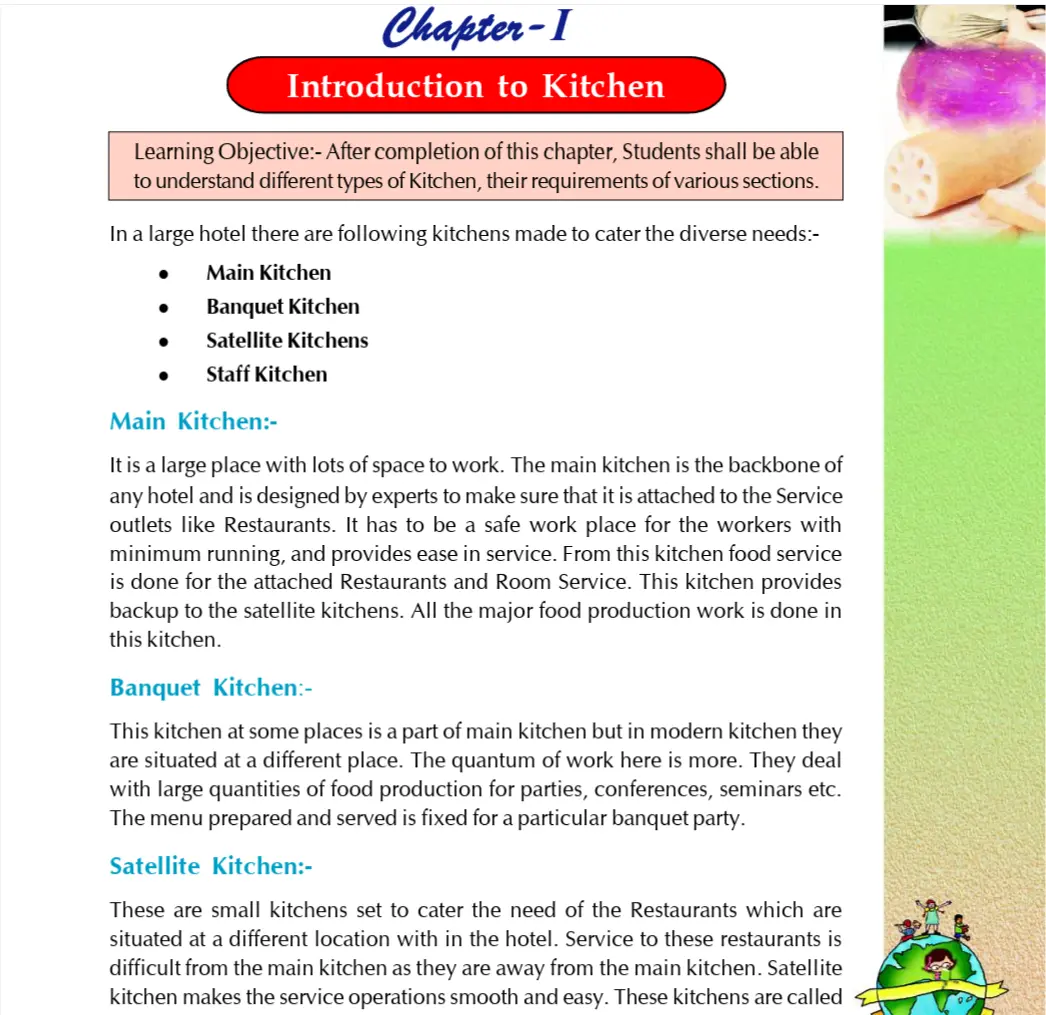 CBSE Chapter 1 textbook page introducing kitchen types, including main kitchen, banquet kitchen, satellite kitchen, and staff kitchen.