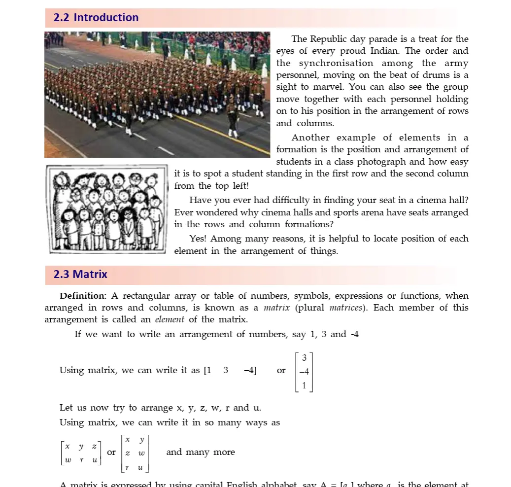 CBSE Mathematics textbook 2026 page introducing matrices, rectangular arrays, rows, columns, and matrix elements.