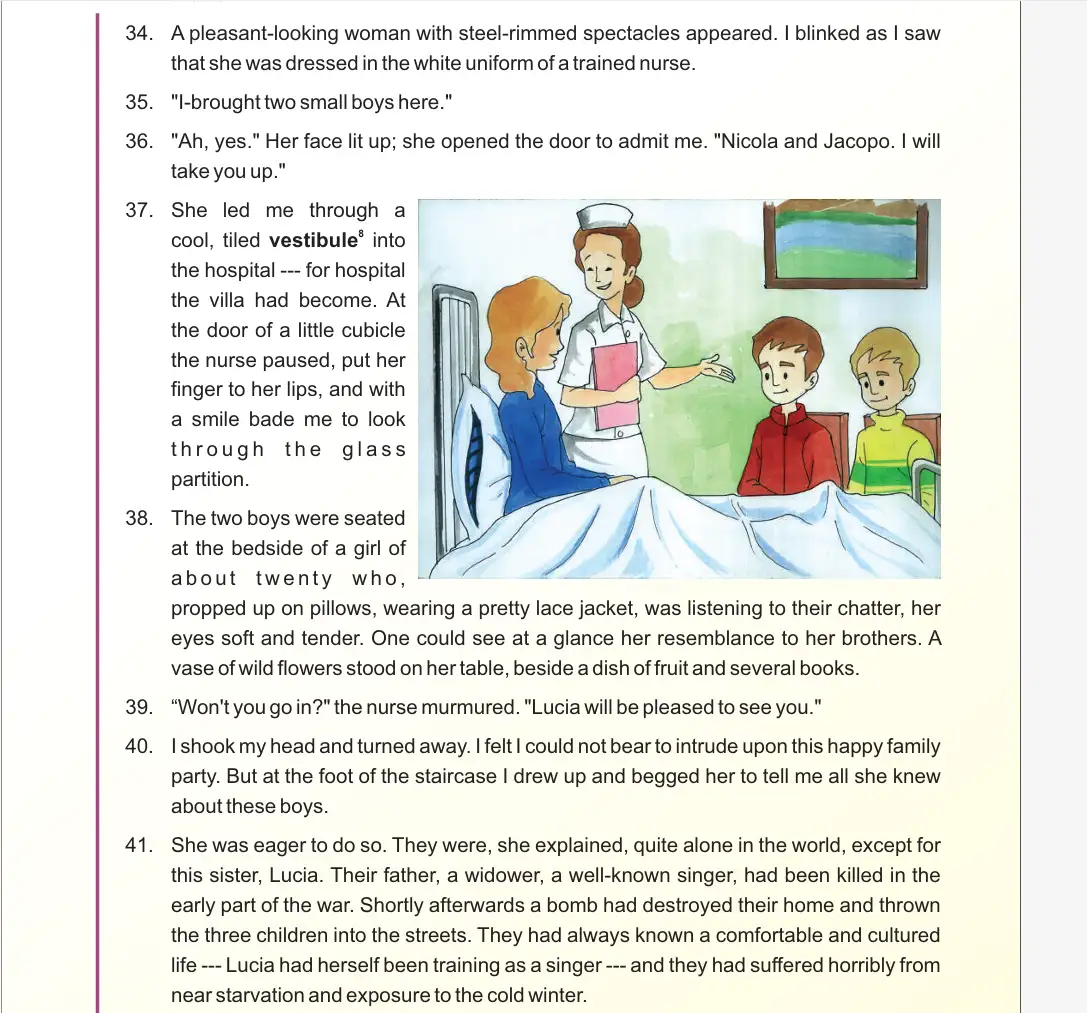 CBSE English textbook PDF page featuring a hospital scene with a nurse and two boys, from the story about Nicola, Jacopo, and their sister Lucia.