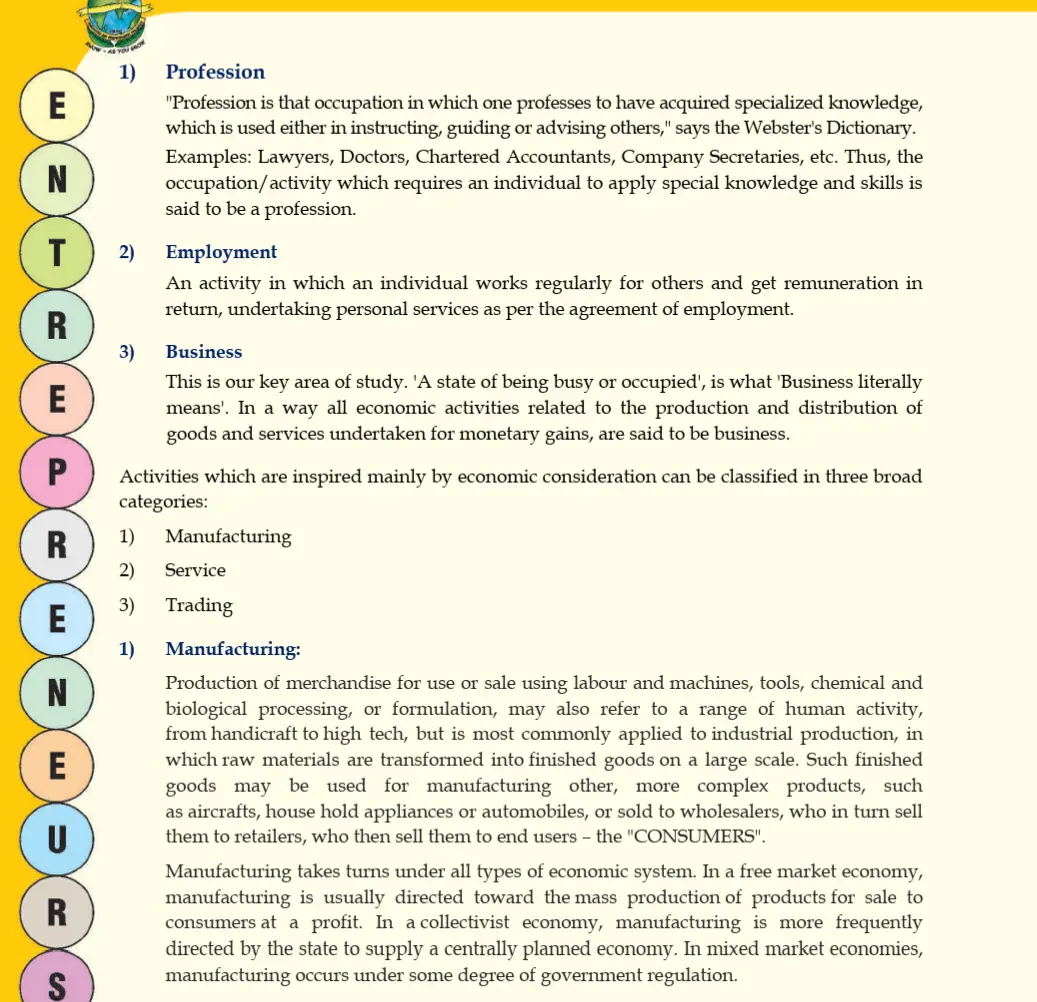 CBSE Class 12 Business Studies textbook free download page explaining profession, employment, business, and manufacturing activities.