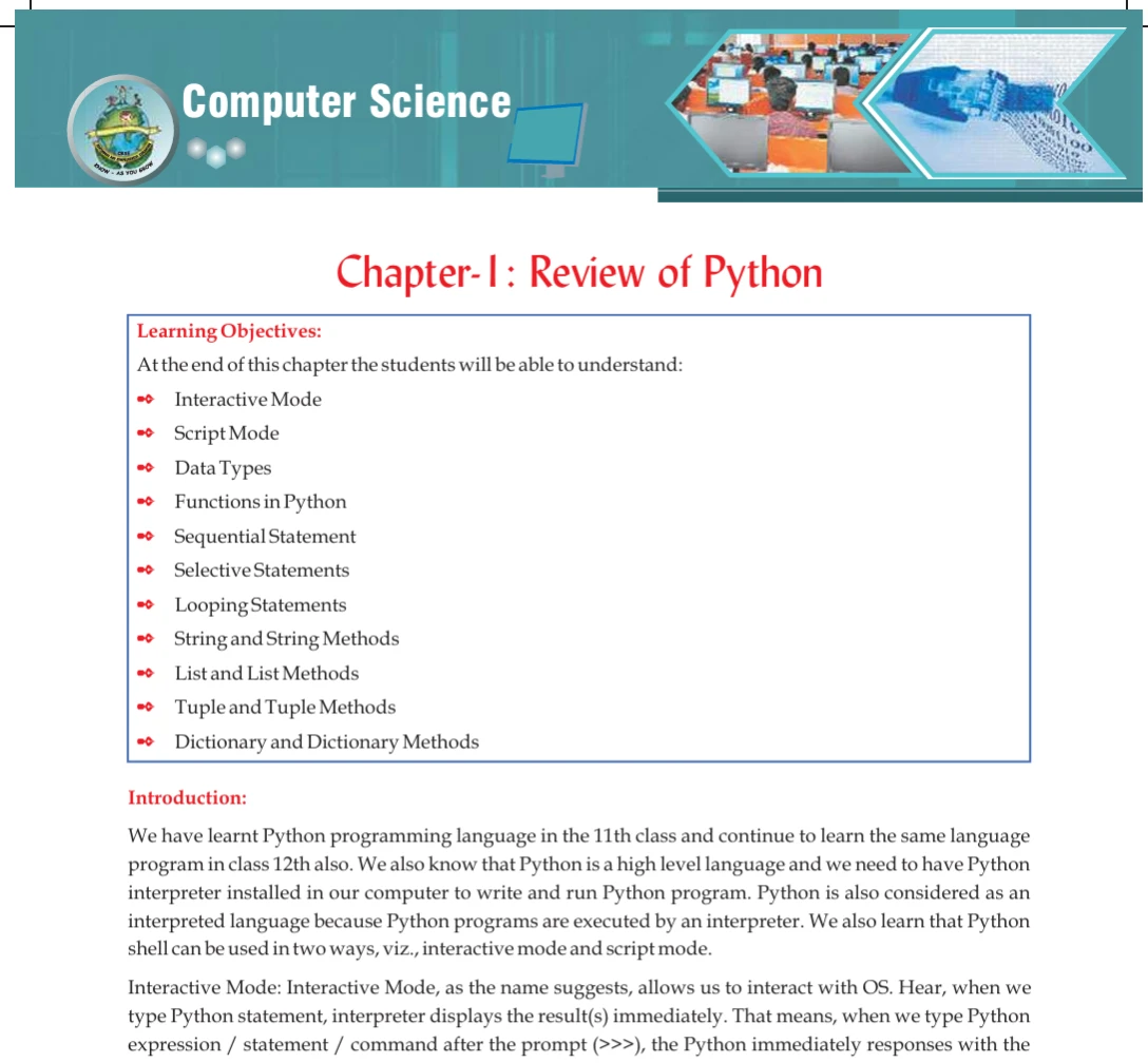 CBSE Class 12 Computer Science textbook 2026 page on Chapter 1, Review of Python, covering data types, functions, statements, loops, strings, lists, tuples, and dictionaries.