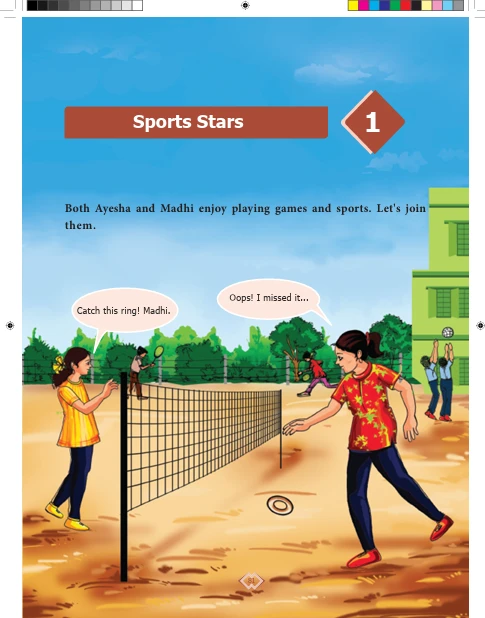 Tamil Nadu Board Books page featuring a textbook illustration of two children playing volleyball in a school playground.