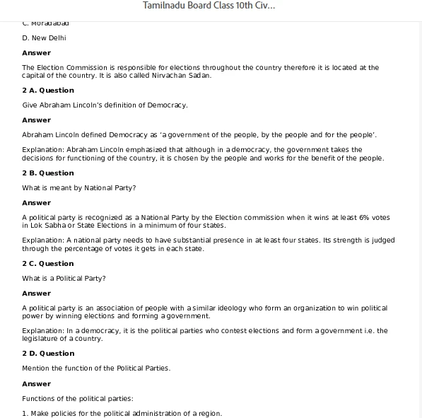 Tamil Nadu Board Class 10 Civics solutions page showing questions and answers on democracy, national parties, political parties, and their functions.