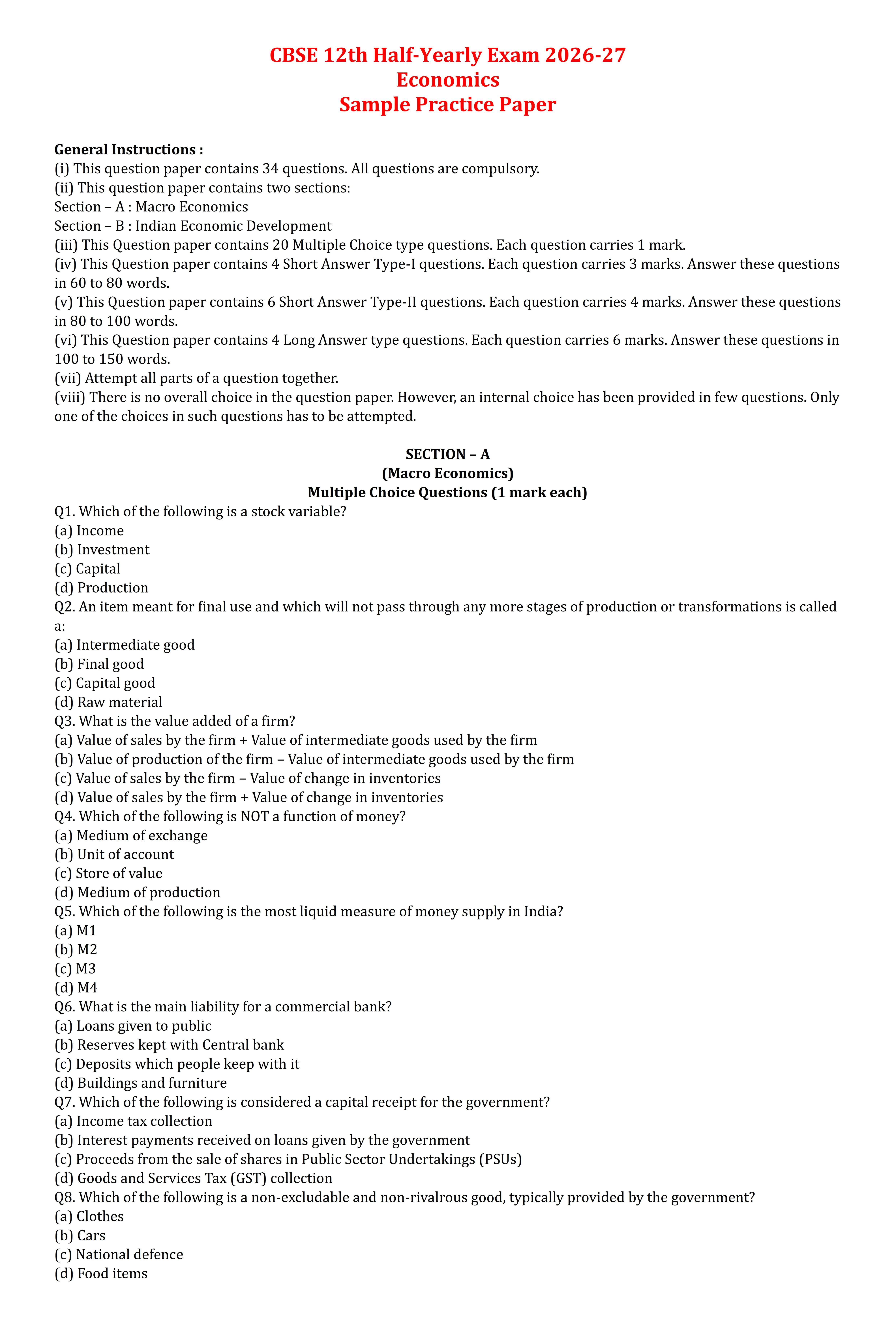 CBSE 12th Economics Half-Yearly Sample Practice Paper