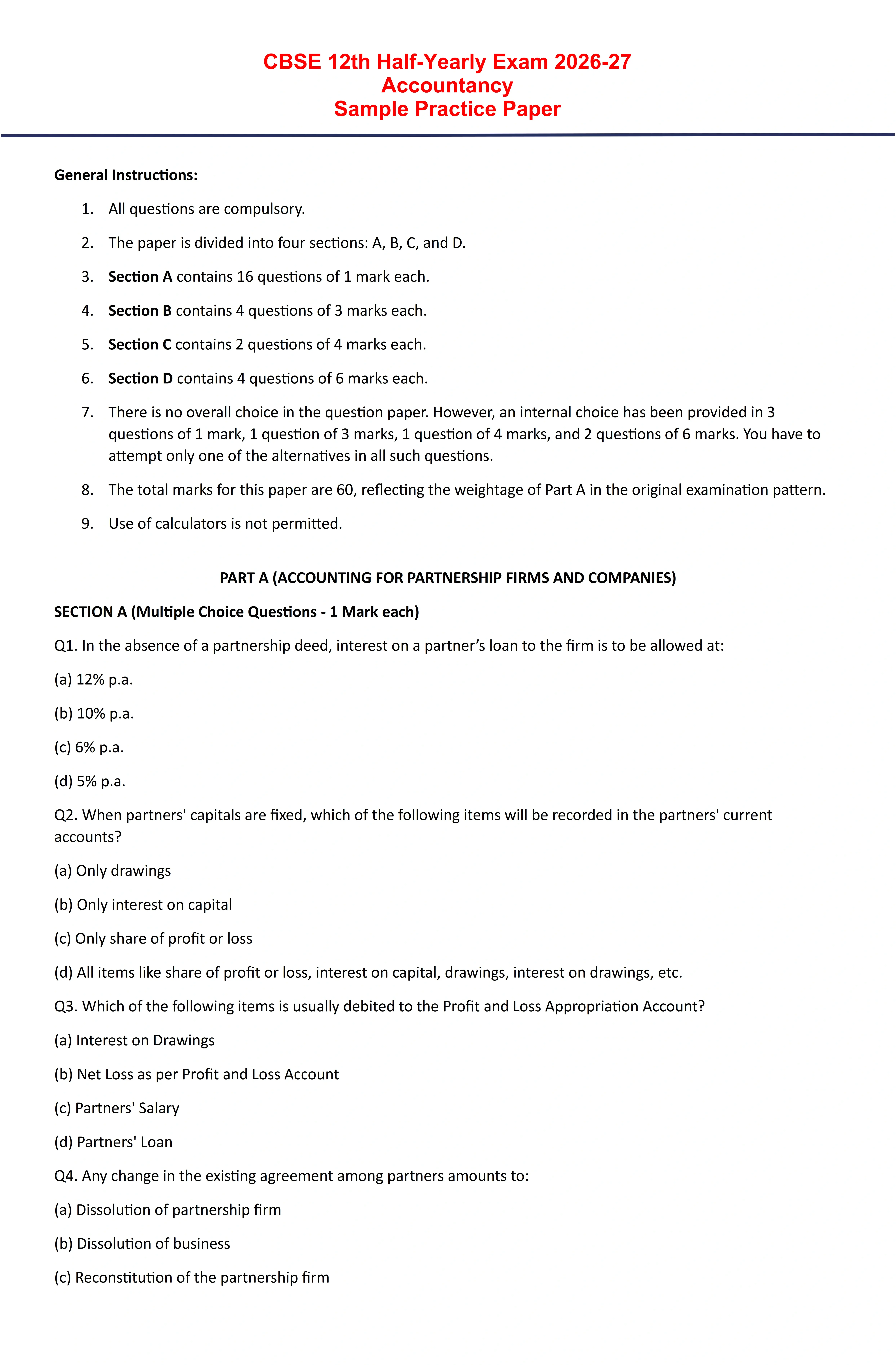 CBSE 12th Accountancy Sample Practice Paper PDF