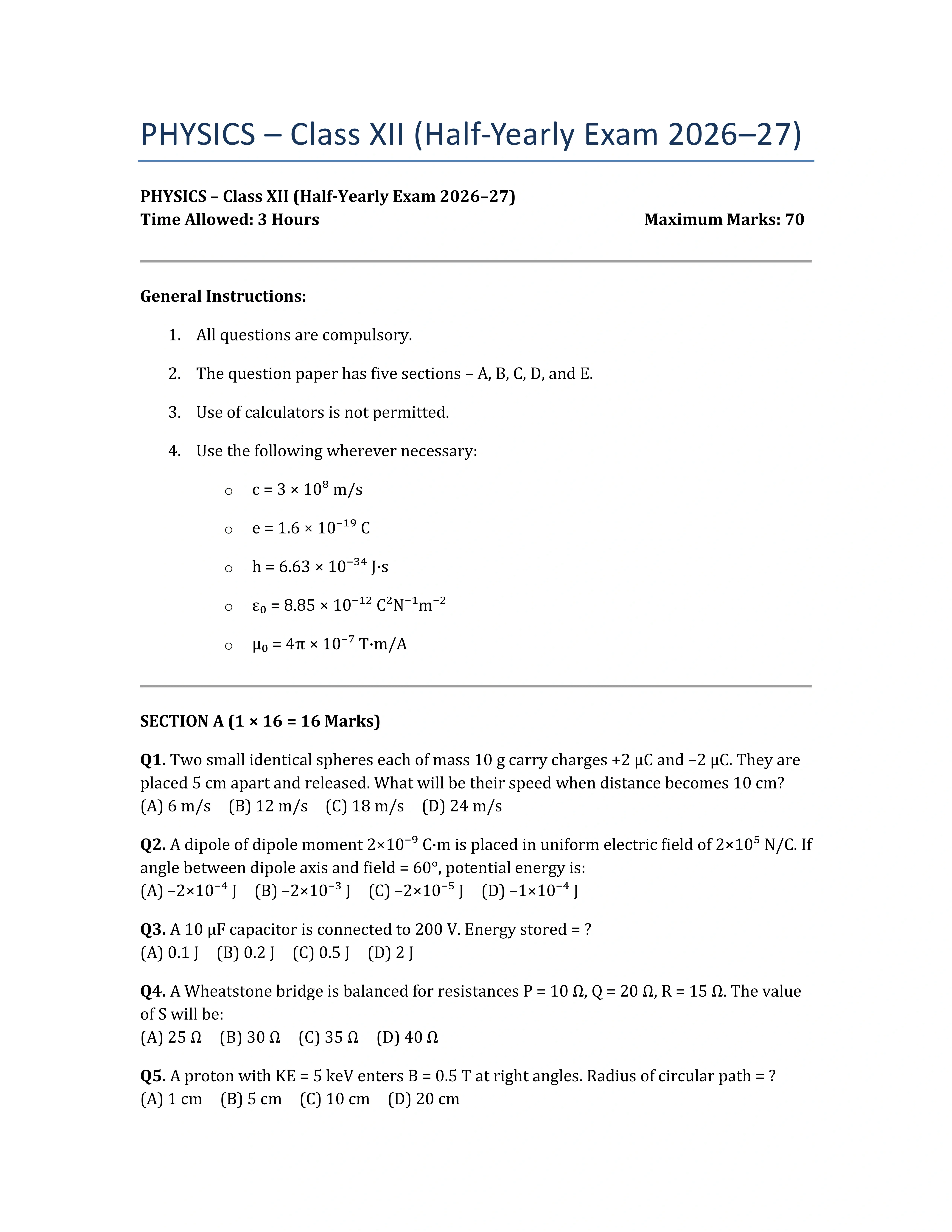 CBSE 12th Physics Half-Yearly Sample Practice Paper 2026-27