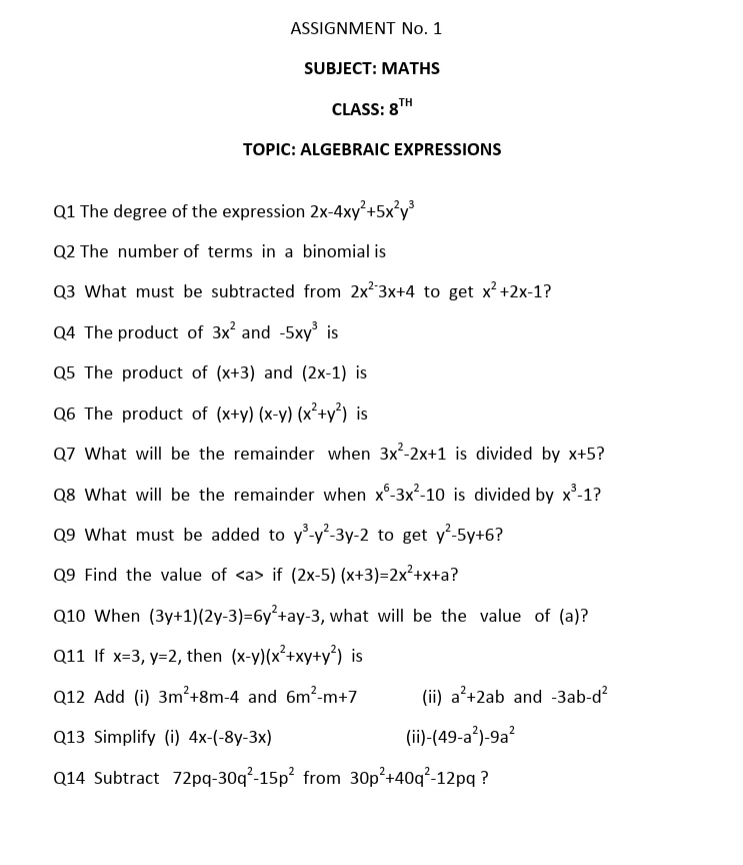 Class 8 Maths worksheets covering Algebraic Expressions and Comparing Quantities for CBSE Class 8 Maths practice