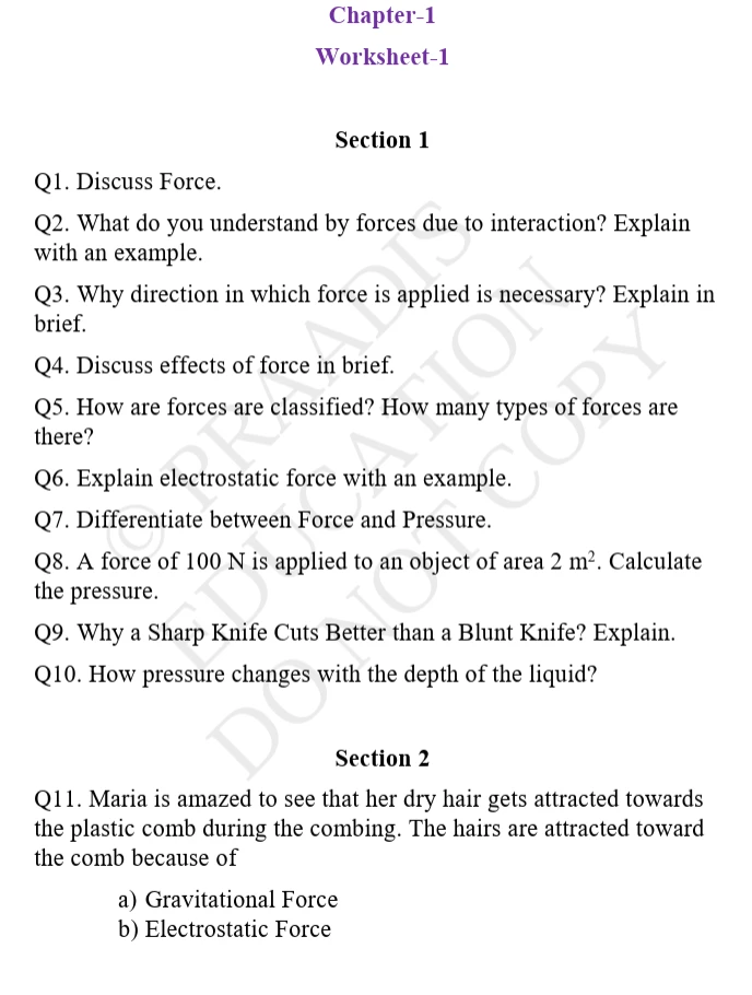 CBSE Class 8 Science Worksheets 2027 with Force and Pressure chapter questions for practice