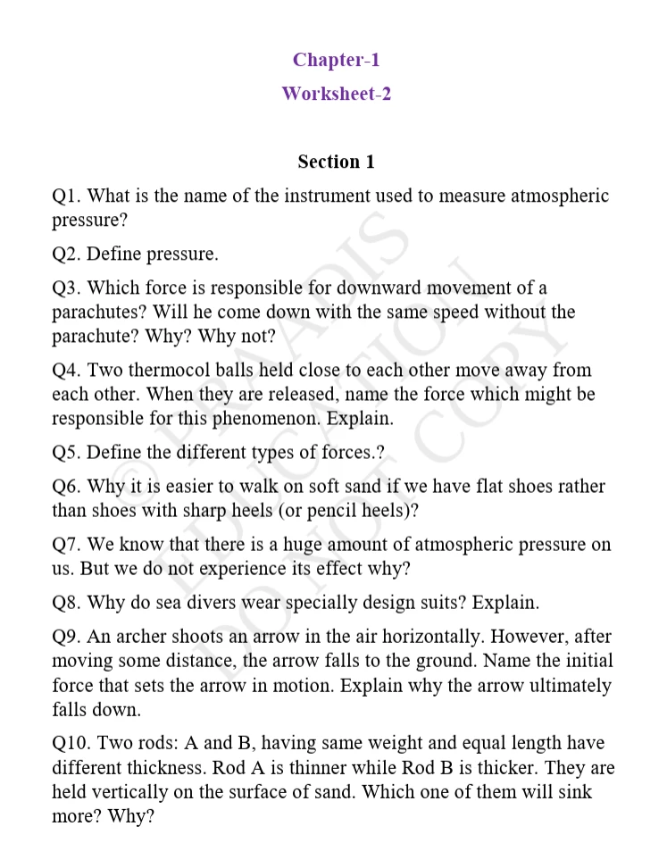 Class 8 Science Worksheets with Force and Pressure chapter questions for students