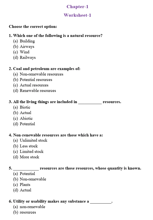 CBSE Class 8 Social Science Worksheets 2027 with MCQ questions on Natural Resources and Sustainable Development