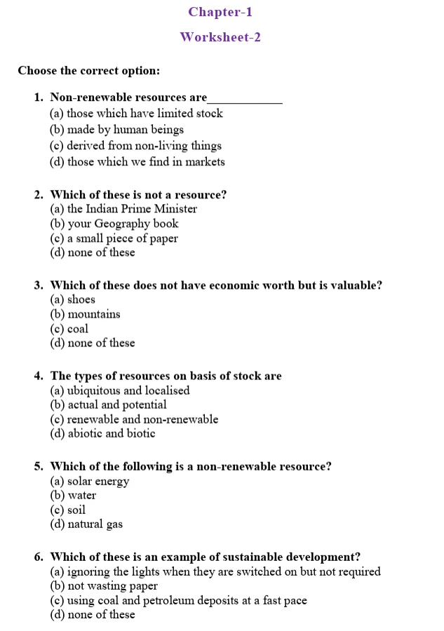 CBSE Class 8 Social Science worksheets for exam preparation with questions on types of resources and conservation