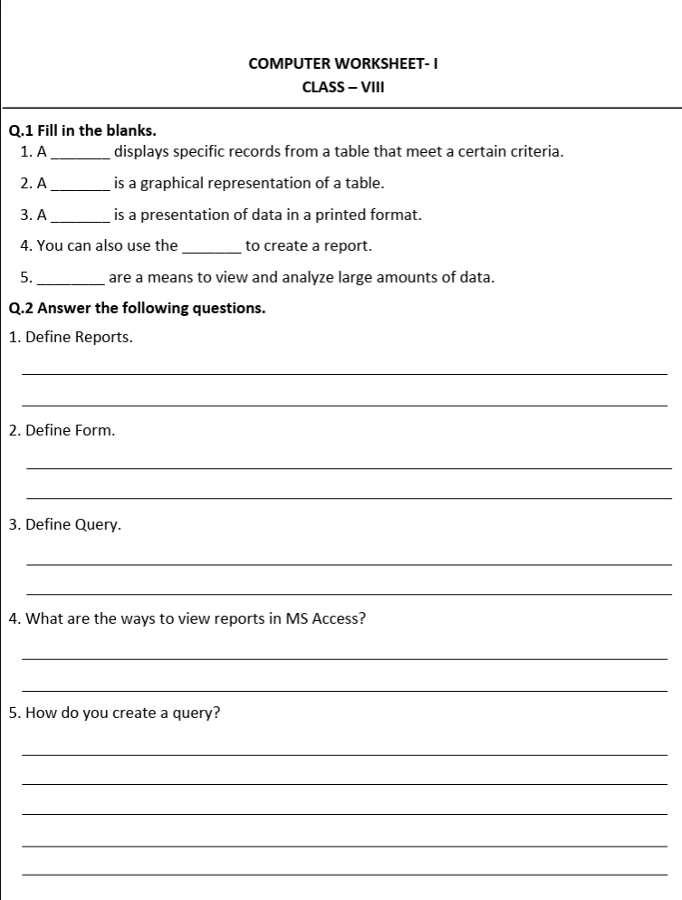 CBSE Class 8 Computer Science worksheet with chapter-wise questions on networking and MS Access topics