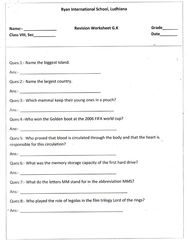 CBSE Class 8 General Knowledge Worksheets 2027 with GK questions on geography, science, sports, and history