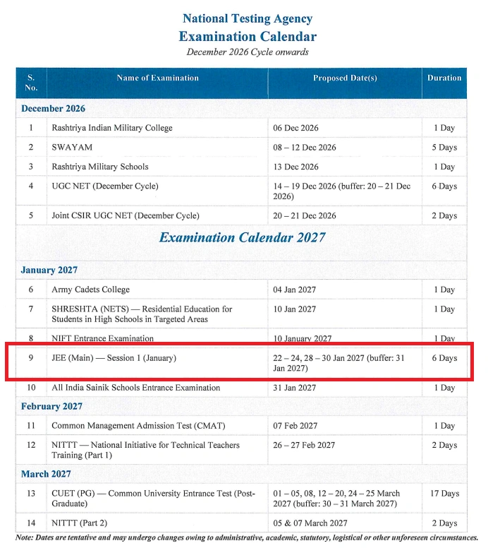 JEE Main Exam Date 2027