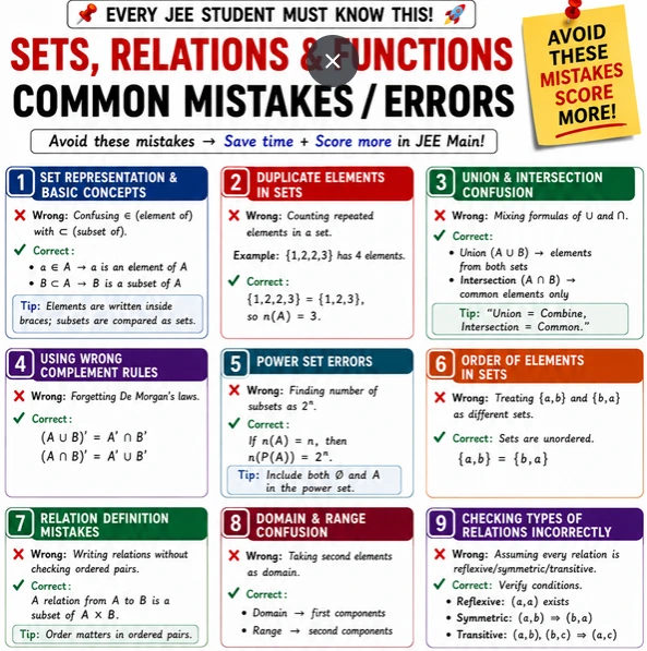 JEE Mathematics Common Errors on Sets, Relations and Functions, covering set representation, duplicate elements, union and intersection, De Morgan’s laws, power sets etc.