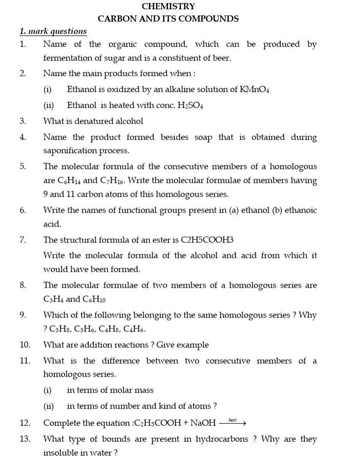 CBSE Class 10 Science Chemistry worksheet 2027 on Carbon and Its Compounds covering ethanol, ethanoic acid, homologous series