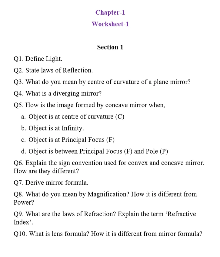 CBSE Class 10 Physics Chapter 1 worksheet 2027 on Light covering reflection, concave and convex mirrors, mirror formula, magnification, refraction, refractive index, and lens formula.