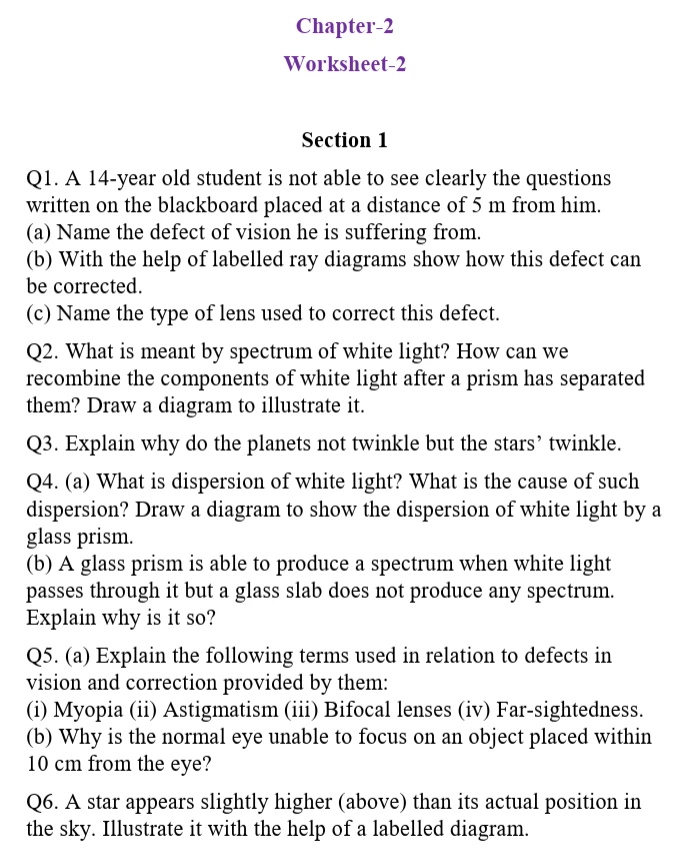 CBSE Class 10 Physics Chapter 2 worksheet on the Human Eye and Colourful World, covering vision defects, lenses, dispersion of white light, atmospheric refraction, and twinkling of stars.