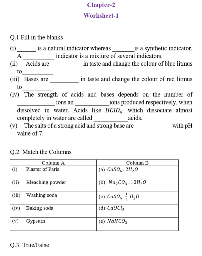 CBSE Class 10 Chemistry Chapter 2 worksheet 2027 on Acids, Bases and Salts covering indicators, properties of acids and bases, pH, strong acids and bases, and common salts.