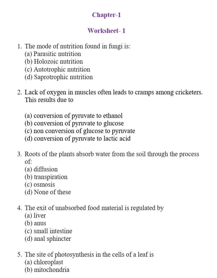 Class 10 Biology Chapter 1 worksheet worksheets with MCQs on nutrition in fungi, anaerobic respiration, osmosis, digestion, and photosynthesis.