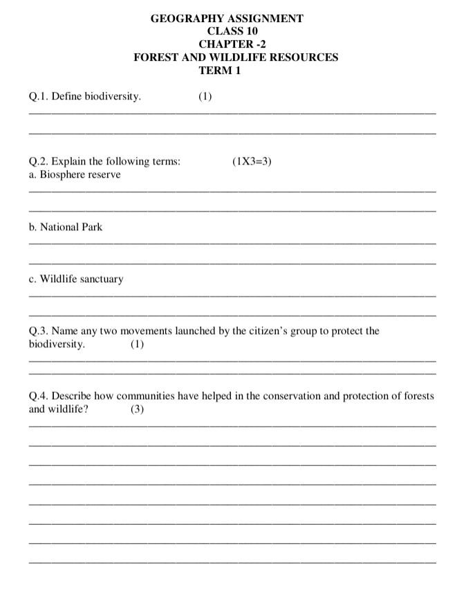 Class 10 Geography assignment on Forest and Wildlife Resources covering biodiversity, biosphere reserves, national parks, wildlife sanctuaries, and forest and wildlife conservation.