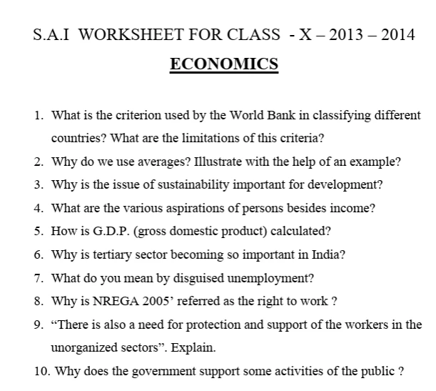 CBSE Class 10 Economics worksheets 2027 covering development, World Bank criteria, averages, sustainability, GDP, sectors of the economy, unemployment, NREGA, and worker protection.