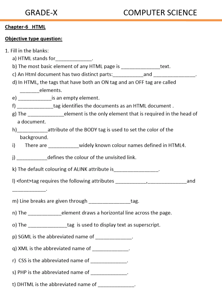 CBSE Class 10 Computer Science Chapter 6 HTML worksheet 2027 with fill-in-the-blank questions on HTML elements, tags, attributes, colours, links, text formatting, SGML, XML, CSS, PHP, and DHTML.