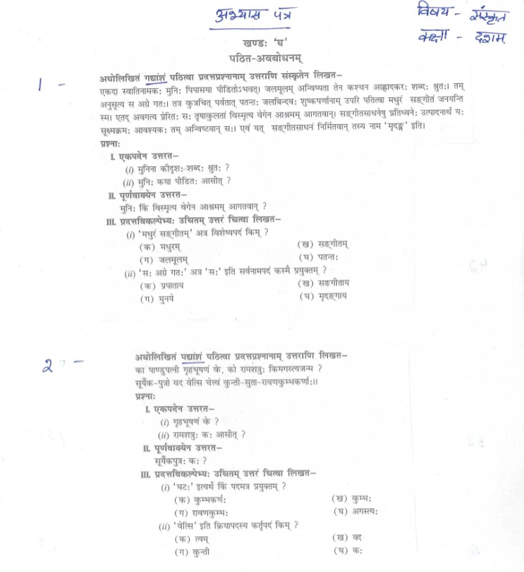 CBSE Class 10 Sanskrit worksheets 2027 featuring unseen passage comprehension, questions based on passages, one-word answers, and grammar-based multiple-choice questions.