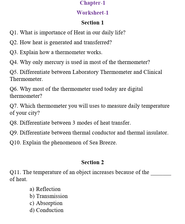 CBSE Class 7 Science Chapter 1 worksheets 2027 on Heat covering heat generation and transfer, thermometers, clinical and laboratory thermometers, digital thermometers