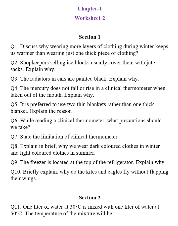 Grade 7 Science Chapter 1 worksheet on Heat covering layers of clothing, insulation, black surfaces, clinical thermometers, blankets, seasonal clothing, refrigeration, convection, flying kites, and temperature mixing.