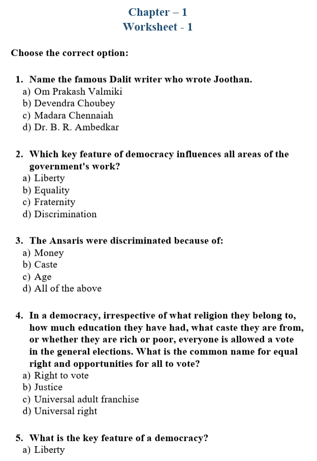 CBSE Class 7 Civics Chapter 1 worksheet 2027 with MCQs on democracy, equality, discrimination, universal adult franchise, and the Dalit writer Om Prakash Valmiki.