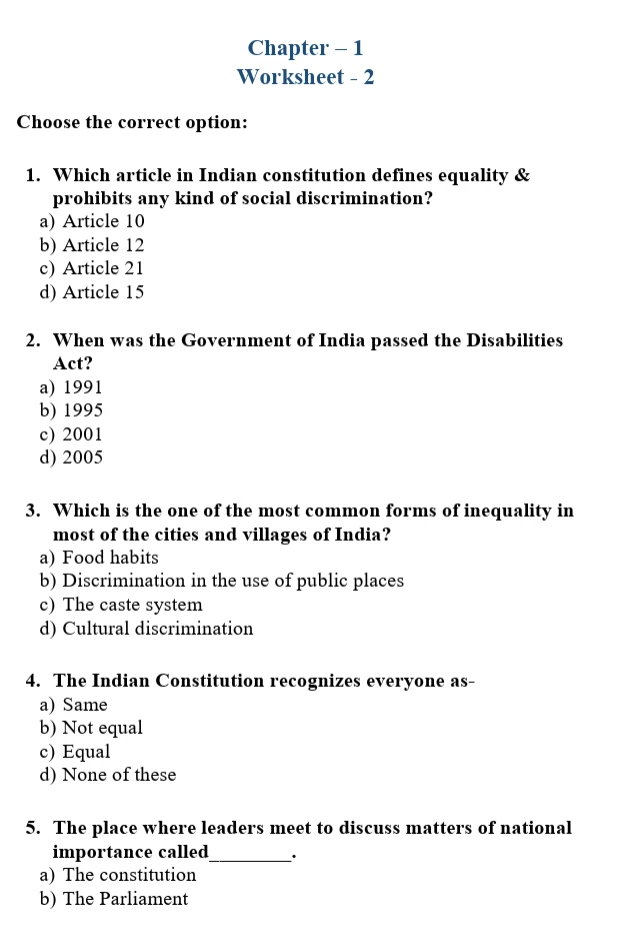 Grade 7 Civics Chapter 1 worksheet with MCQs on equality, social discrimination, the Indian Constitution, the Disabilities Act, public-place discrimination, and Parliament.