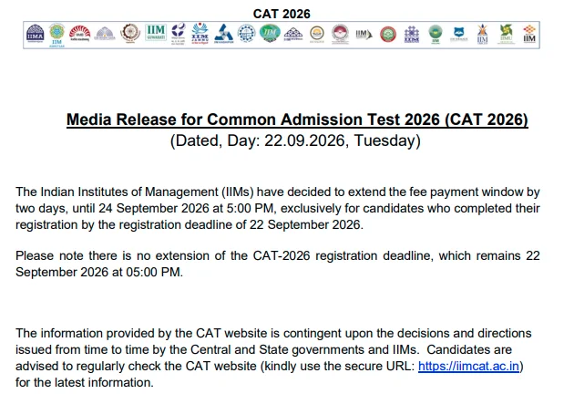 CAT 2026 Fee Payment Deadline