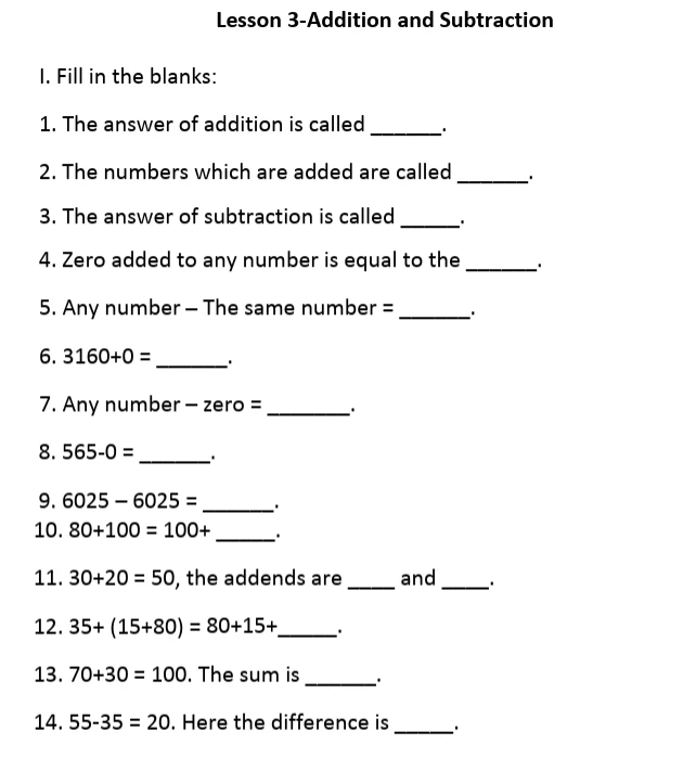 Class 3 Maths worksheet on Lesson 3: Addition and Subtraction, featuring 14 fill-in-the-blank questions on addition, subtraction, sums, differences, and number properties.
