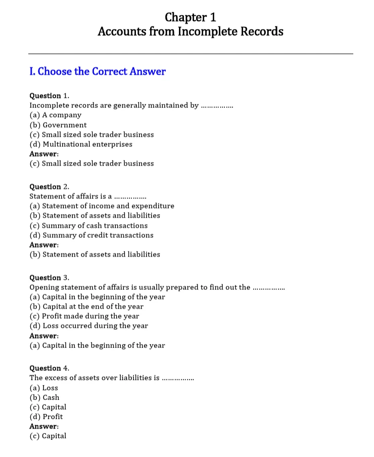 TN Board Accountancy Chapter 1 Accounts from Incomplete Records solutions PDF, featuring multiple-choice questions and answers on incomplete records, statement of affairs, opening capital, and assets and liabilities.